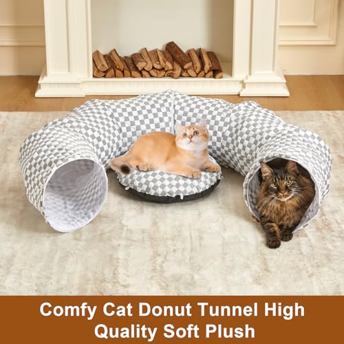 Image of Tunnel Bed for Indoor Cats Peekaboo Cave Donut for Cat with Washable Circle Cushion Interior Cat Play Tunnel（Light Grey）