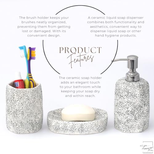 Image of Premium Ceramic Bathroom Accessories Set of 3 | Modern Luxury Bath Set with 300ml Soap Dispenser, Toothbrush Holder & Soap Dish | Bathroom Decor Items | White & Black Dotted Pattern