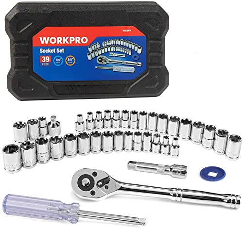 WORKPRO 39-Piece Drive Socket Wrench Set, 1/4-Inch & 3/8-Inch Small Sockets Set, 3/8 Ratchets, Extensions, Spinner Handle & Adapter, Mechanics Tool Set with Tool Box, for Repairing, Metric and SAE