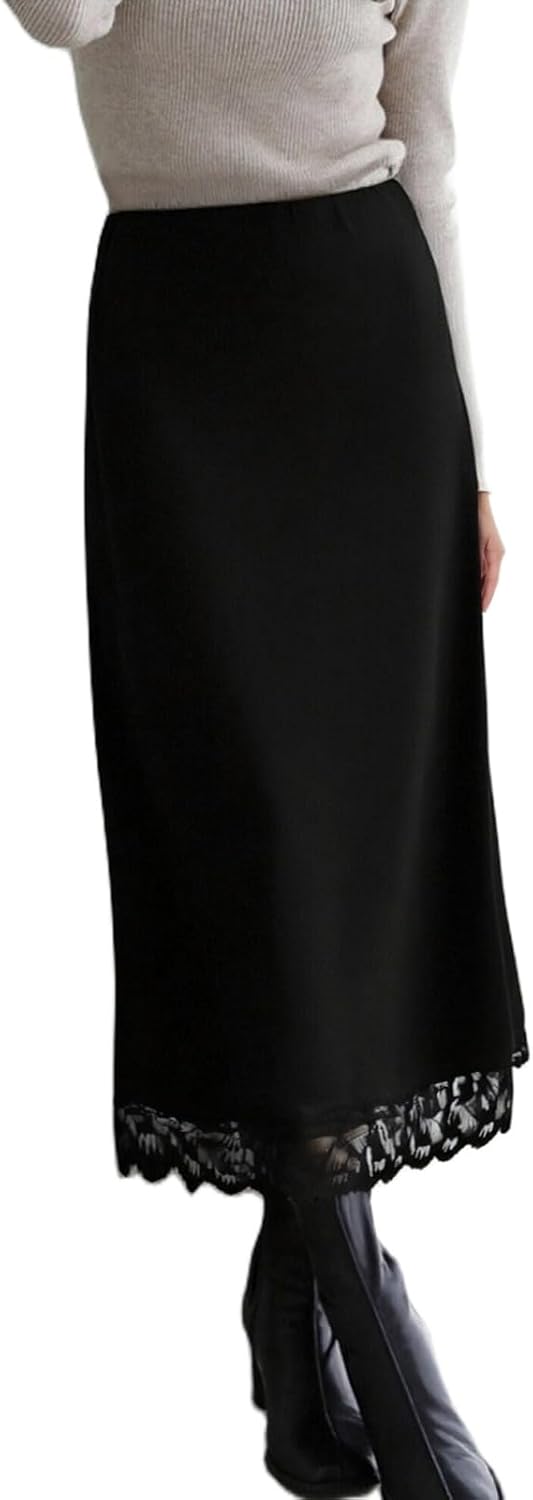 Women Satin Lace Trim Long Skirts Elastic Waist Asymmetric Hem Midi Skirts Lace Half Slip Maxi Skirts Streetwear