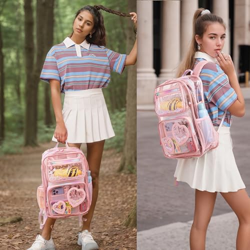 Caoroky knight clear bag for stadium events backpack daypack kids school bags cute transparent bookbags for women girls travel backpacks see through heavy duty TPU back pack-Pink2