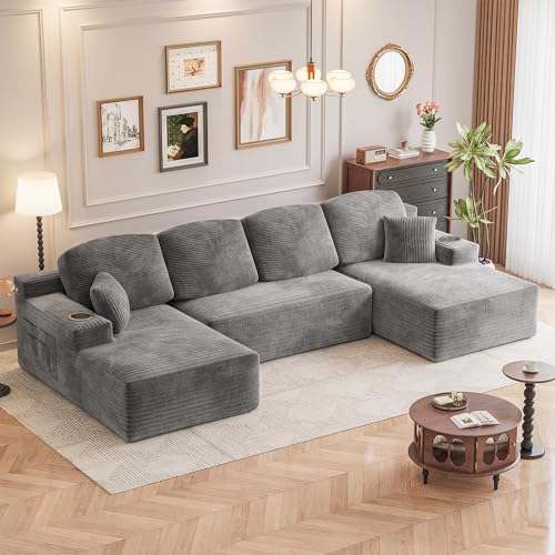 Image of Homall 142 inch Boneless Couch, Modular Sectional Sofa, No Assembly Required, Memory Foam Filling, Corduroy U-Shaped Sofa, Movable Multi-Person Couch for Living Room (Grey)