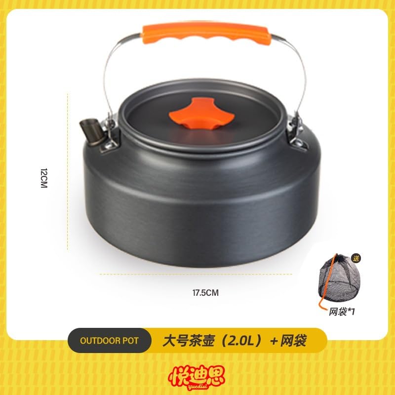 Camping Kettle with Orange Handle, Portable Outdoor Tea Pot, Black (2.0L kettle)