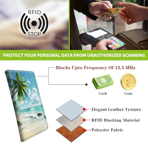 Slim Leather Long Wallet for Men & Women, Breast Pocket Wallet, Credit Cards Mens, Leather Wallets Bifold Wallets for Men RFID Blocking Bifold Stylish Wallet, Beach Coconut Trees4