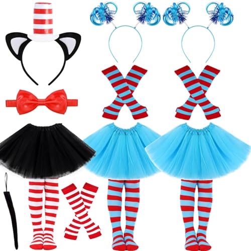 Kavoc Tulle Tutu Costume Set Red Blue Tulle Tutu Skirt Striped High Socks Sleeves Feathers Headband Red and White Hat Headwear Bowtie Gloves Socks and Tutu Skirt for Cosplay