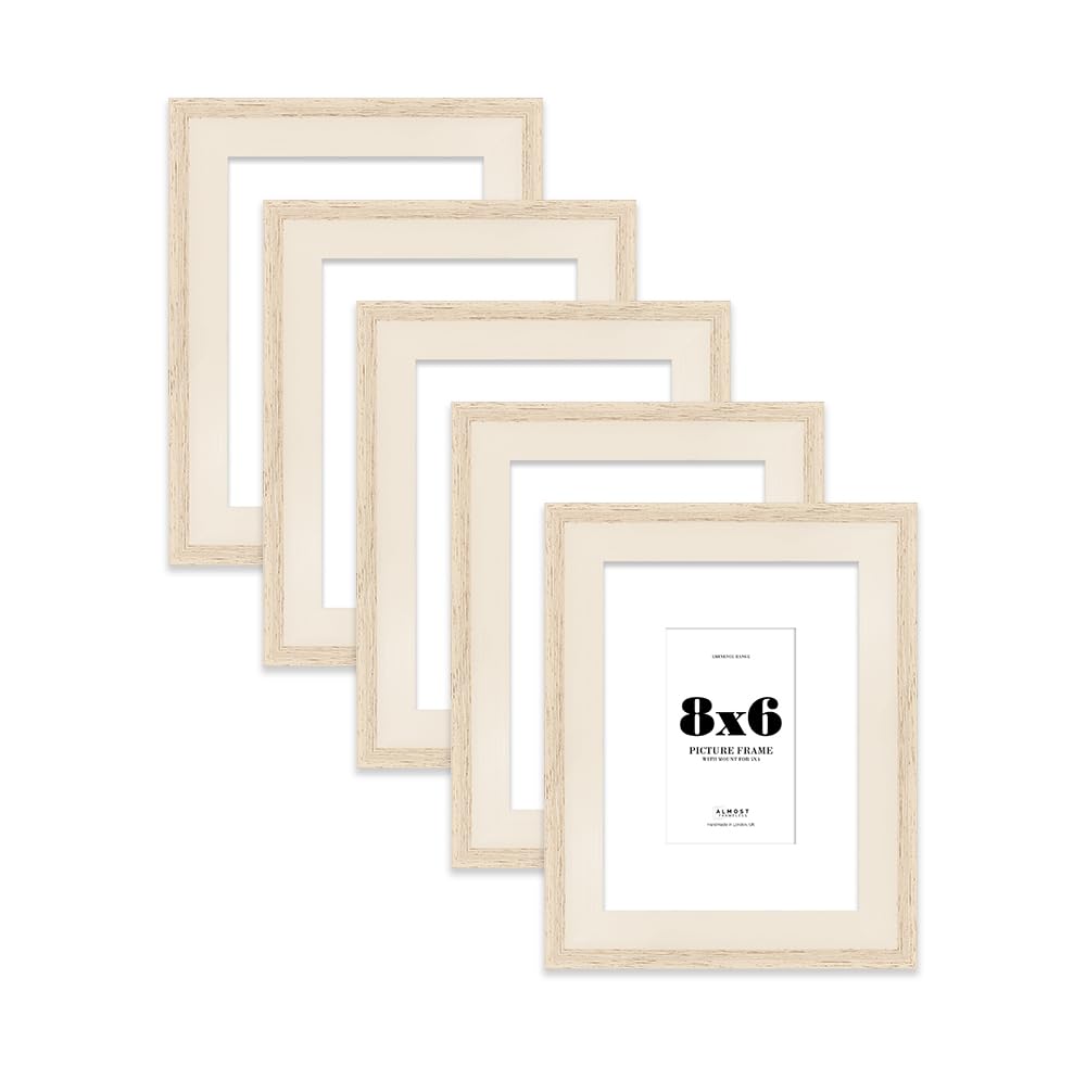 8x6" Oak Picture Frame with 5x3" Mount - Shabby Chic Photo Frame with Distressed Finish, Wall Hooks and Kickstand, 32mm Edge - 5 Pack