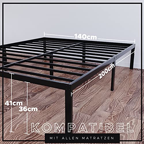 Dreamzie-Metallbett-140x200-x-36-cm-Bettgestell-aus-Metall-140x200-cm-Bett-fuer-Matratze-Doppel-Robust-Leichte-Montage-Umfangreicher-Stauraum-Schwarzer-Lattenrost