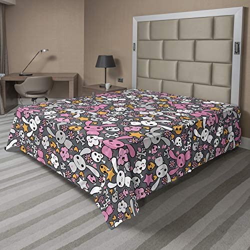 Ambesonne Cartoon Flat Sheet, Kawaii Bunnies and Clouds Heart Eyed Skulls Japanese Anime Design Print, Soft Comfortable Top Sheet Decorative Bedding 1 Piece, Queen Size, Multicolor