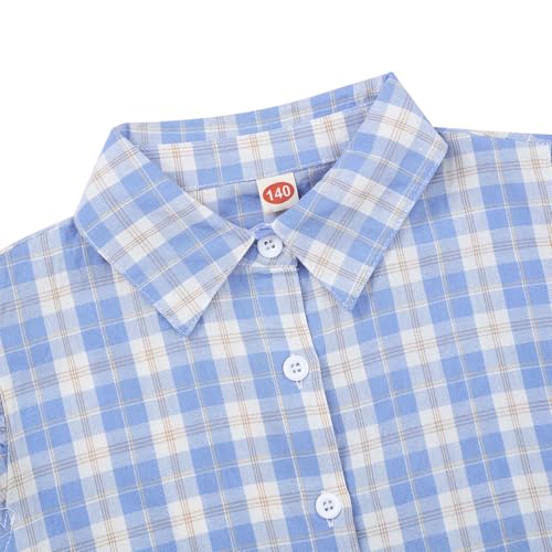 Image of Girls Sleeveless Plaid Button Down Shirt Summer Crop Tops Tie Knot Ruffle Sleeve Shirt Blouse 3-12Y