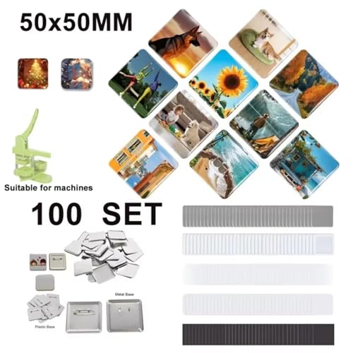 Máquina de prensa de botones magnéticos cuadrados con 100 juegos de suministros cuadrados para hacer insignias de 5 x 5 cm, insignias personalizadas para nevera, ideal para fiestas, eventos, negocios