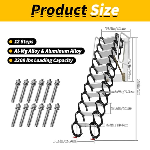 RQR 12FT Attic Ladder Pull Down System, 12-Step Al-Mg Alloy ...