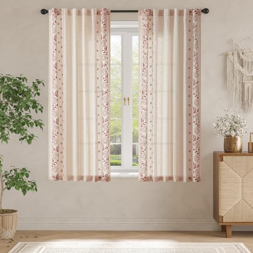 Image of jinchan Burgundy Linen Curtains for Living Room 63 inch Back Tab 2 Panels