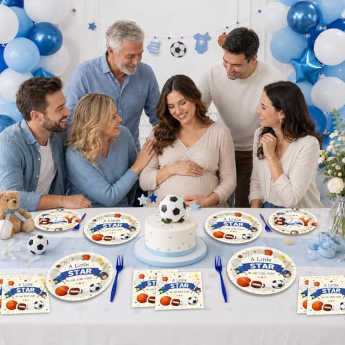 Image of 96Pcs Sports Baby Shower Party Decoration A Little Star Is on the Way Paper Plates and Napkin Football Soccer Volleyball Theme Tableware Set Sport Party Supplies for Baby Shower Birthday Kids Serve 24