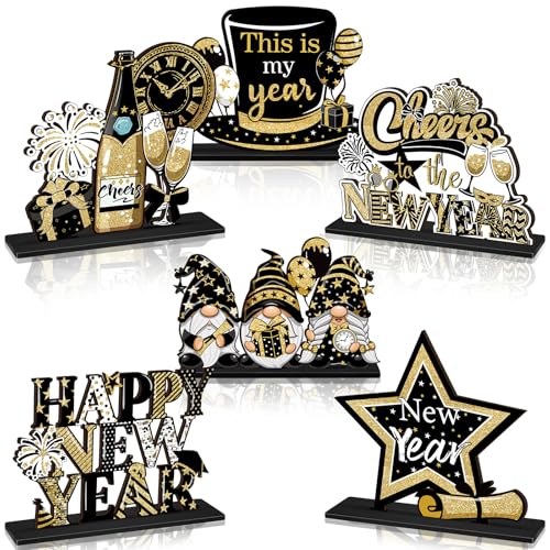 Realspring 6 Pc Happy New Years Table Decorations New Year 2026 Wooden Table Centerpieces Black Gold 2026 Party Supplies Eve Party Supplies