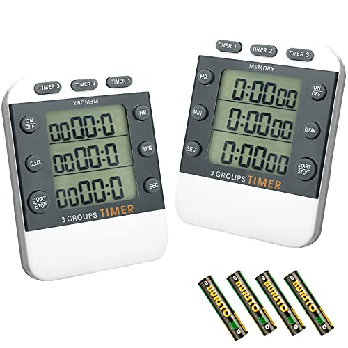 Photect 2-Piece Digital Dual Kitchen Timer, 3 Channels, Count UP/Down, Cooking Timer with Magnetic Back, Loud Alarm, Large Display, Countdown Hour Meter for Cooking, Classroom, Kids, Teacher, Study