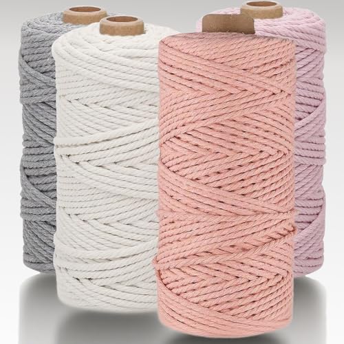 Cerkkapo 4 hilos de macramé, hilo de macramé premium de 3 mm x 400 m, hilo natural de algodón, hilo de algodón para plantas de pared, manualidades, color blanco, rosa claro, gris claro, rosa claro