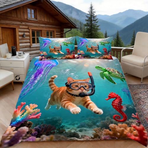 Housse de couette 140x200 chat microfibre corail ultra douce à fermeture