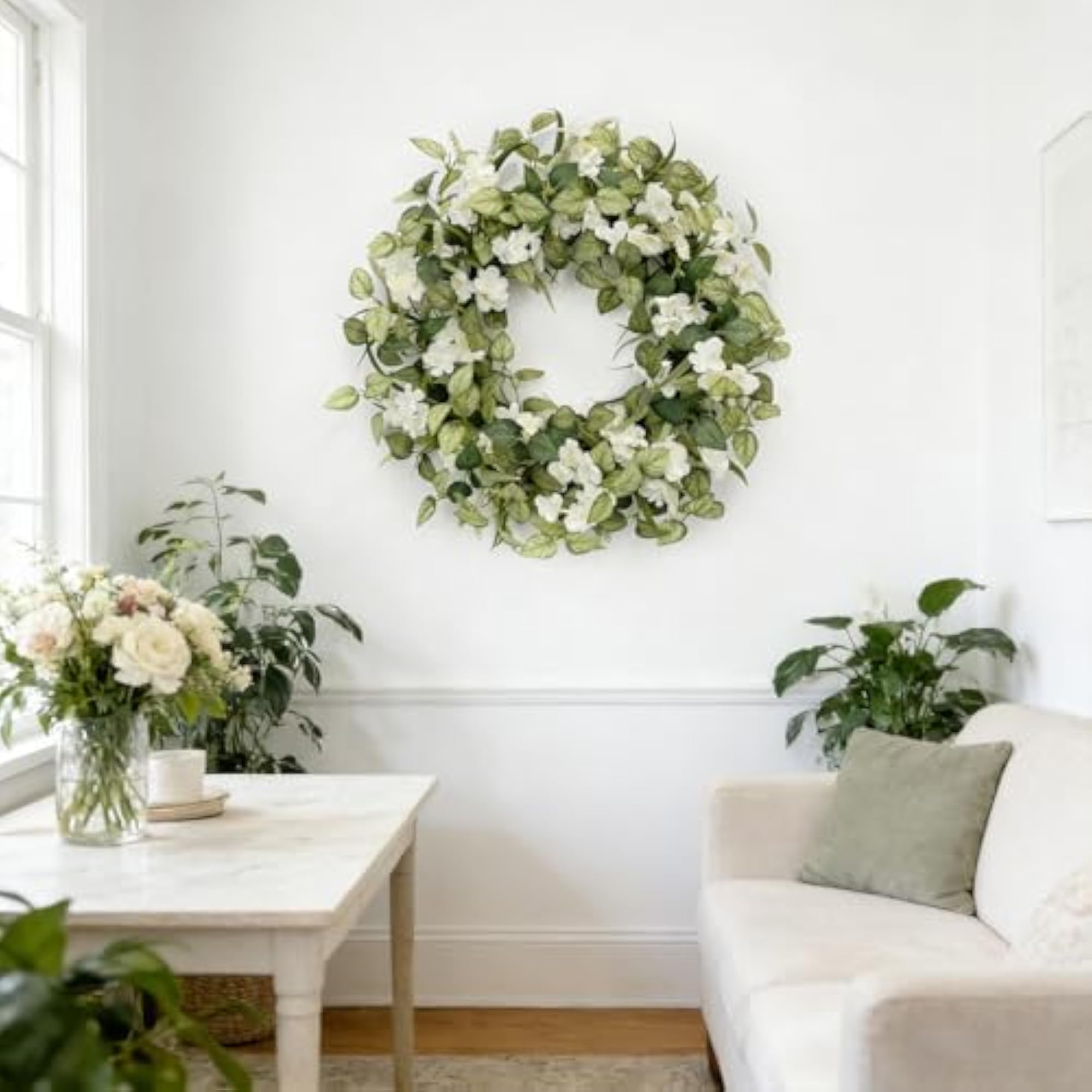 24 Inch Artificial Wreath with White Flowers