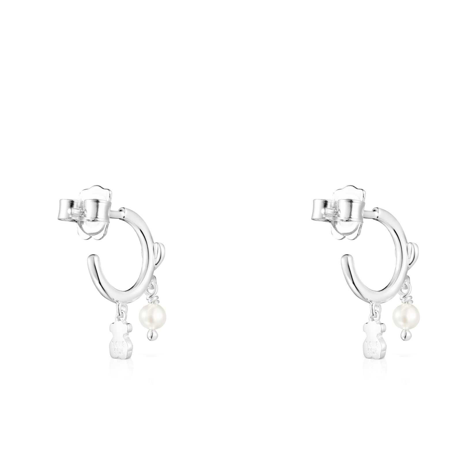 TOUS Pendientes de Aro de Plata de Primera Ley para Mujer con Diámetro de 1,25 cm y Motivos de Oso, Corazón y Perla con Cierre de Presión, Elegante y Versátil, Colección Cool Joy
