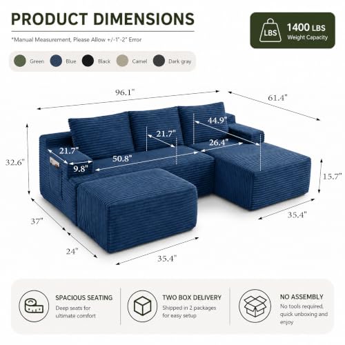 Image of Boneless Couch, Modular Sectional Couches for Living Room, U-Shaped Cloud Couch Sofa with Deep Seat, Fluffy Corduroy Upholstered Corner Sofa
