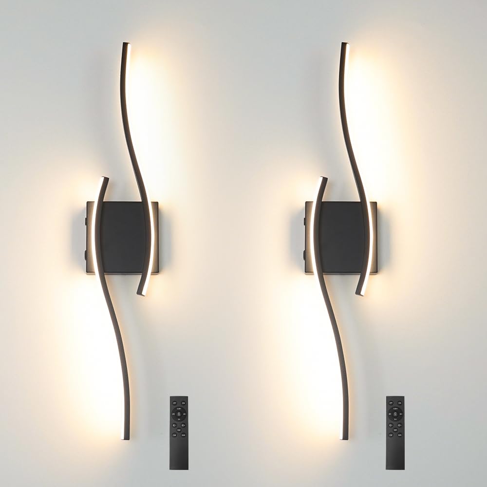 Daunton Modern Battery Operated Wall Sconce Set of 2, Black Dimmable LED Wall Light with Remote Control, 3CCT Adjustable, Timer&amp; Memory Function, Wireless Wall Light for TV Wall Living Room Bedroom