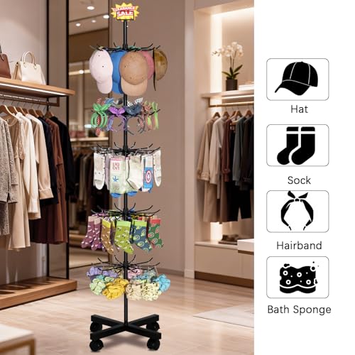 Image of Retail Display Stand Store Display Rack 6 Tier Metal Spinning Display Stand Rack with Wheels Keychain Jewelry Stocking Hat Stand with Hooks for Malls, Showroom, Retail Store (6 Tier Black)