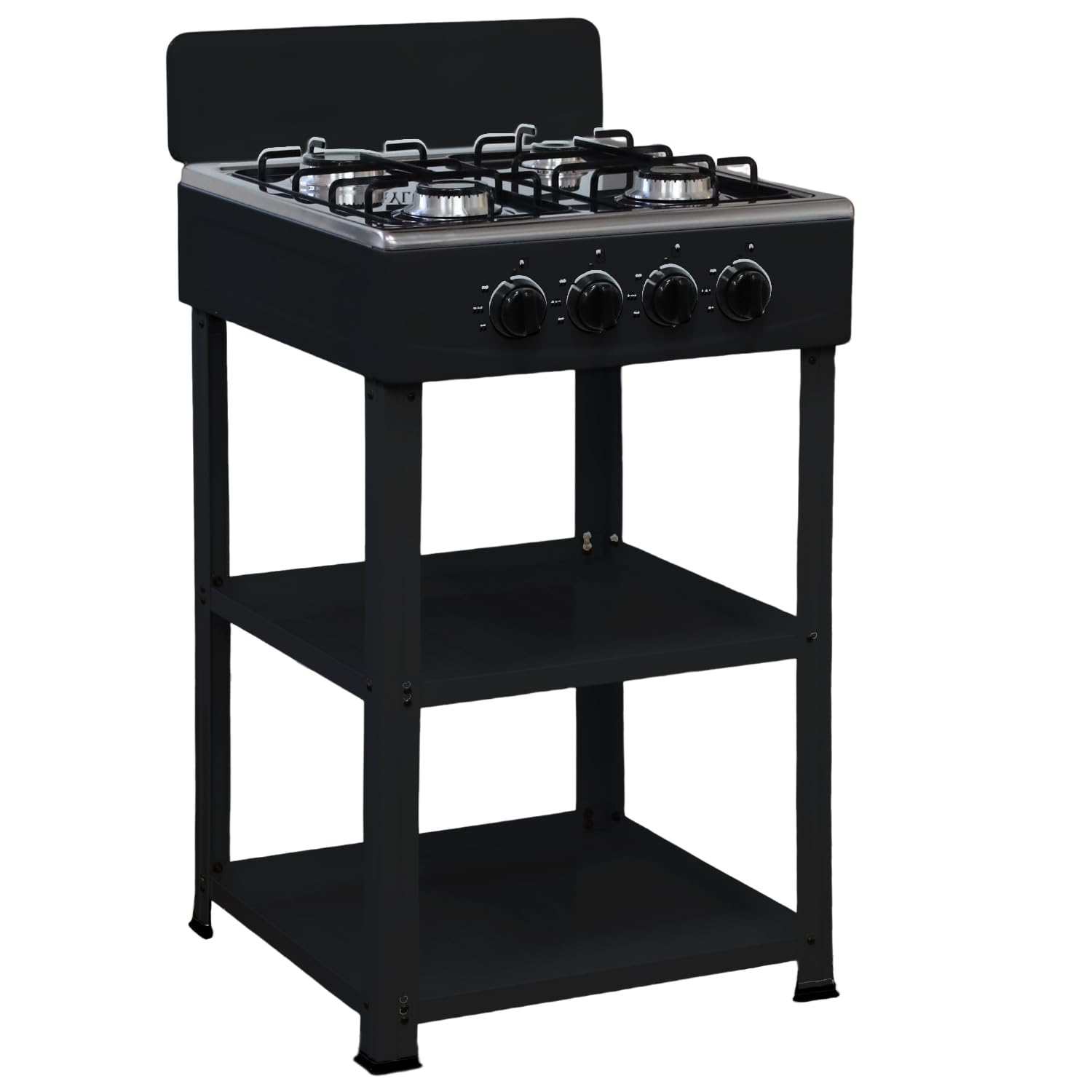 Marvin Fornello a Gas 4 Fuochi da Campeggio Piano Cottura con Supporto 2 Ripiani in Acciaio Cucina da Esterno Portatile Piastra Inox (Nero)