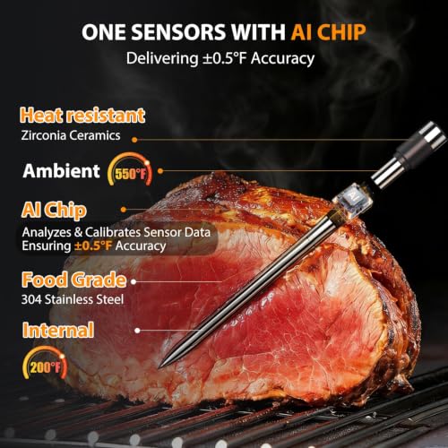 Image of Wireless Meat Thermometer Digital, 1 Probe Bluetooth Thermometer | Smart App & Standalone Display Base, NIST ±0.5F, Instant Read LCD, BBQ Smoker Grill Oven, Brisket Steak Turkey Pork