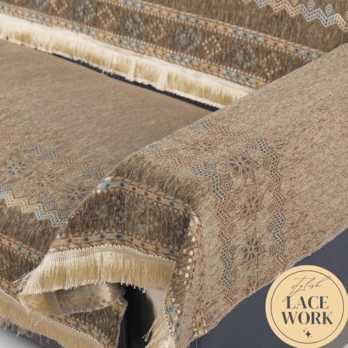 Image of Elegant Woven Brown Sofa Cover Soft Chenille Traditional Pattern with Lace Style | L-Shape Sectional Seat Protector for Living Room | Durable & Stylish Slipcover 2 Seater with Arms