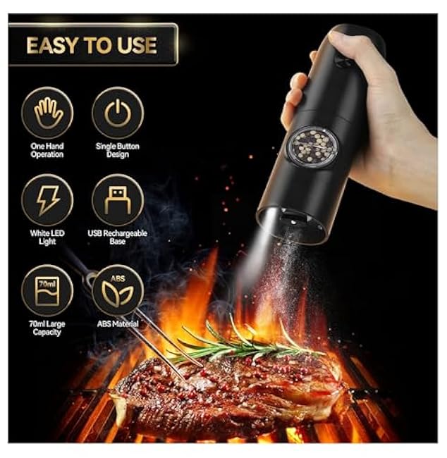 Electric Salt Pepper Grinder Set, Rechargeable Automatic Pepper Mill with LED Light, Adjustable Coarseness, USB Charging