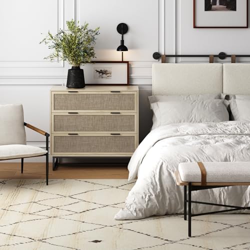 Image of Nathan James Kova 3-Drawer Rattan Dresser or Boheminan Living Room Storage Cabinet with Textiline Rattan Accent and Metal Legs, Light Oak /Black
