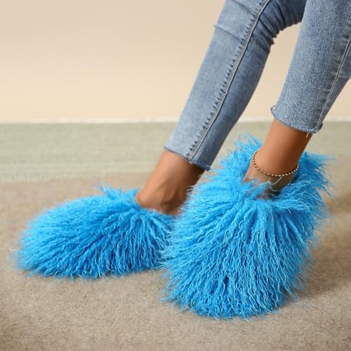 Image of Unisex Fuzzy Faux Fur Slippers, Women's Fluffy Long Hair Sheep Faux Fur Slip on Slides, Girls Luxury Big Fluffy Outdoor Flat Slippers, Long Curly Hair Non-Slip Warm Home Slide Shoes