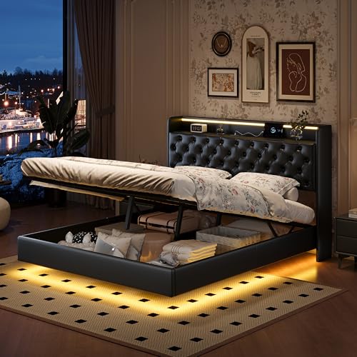 Lit Coffre 160 x 200 cm,avec Éclairage LED et Port USB,Lit Double Rembourré avec Rangement et Tete de lit,pour Adultes et Adolescents,PU (Noir C, 160 x 200 cm)