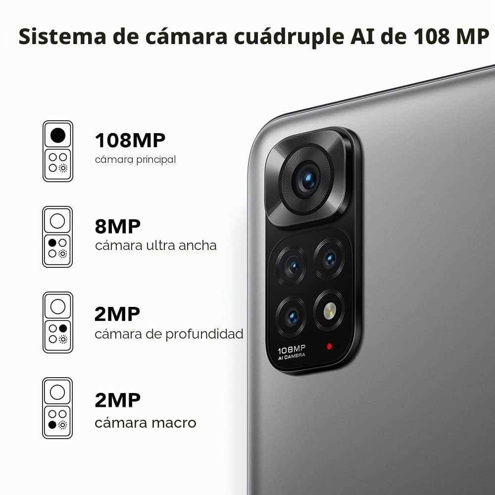 Xiaomi Redmi Note 11S Smartphone-4G, 6GB RAM/128GB ROM,6.43" AMOLED DotDisplay,procesador MediaTek Helio G96,cámara cuádruple AI de 108MP (Gris)