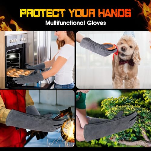 JUNUNDJING Hitzebeständiger Leder Grillhandschuhe, Kaminhandschuh, Ofenhandschuhe, Backhandschuhe, Kaminhandschuhe Feuerfeste Hitzeschutz Handschuhe, Schweißhandschuhe, Grau-schwarzer, 40x20CM,1 Paar