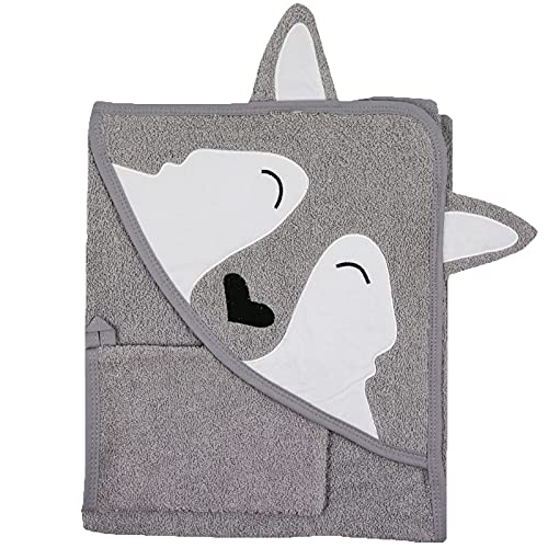 Image of Miniyoki Animal Baby Towel, Turkish Cotton Hooded Baby Towel (Wolf, Gray), 100% Cotton, Made in Turkey, Baby Registry Must Have (30x30 inches)