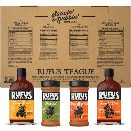 Image of Rufus Teague BBQ Sauce and Rub Cooking Gift Set, Saucin' & Rubbin' 4pk Kit | Honey Sweet, Touch O' Heat, Spicy & Original Meat Rub, Made in USA, 4-Piece Gourmet Gift Set, Great Flavor in Every Bite