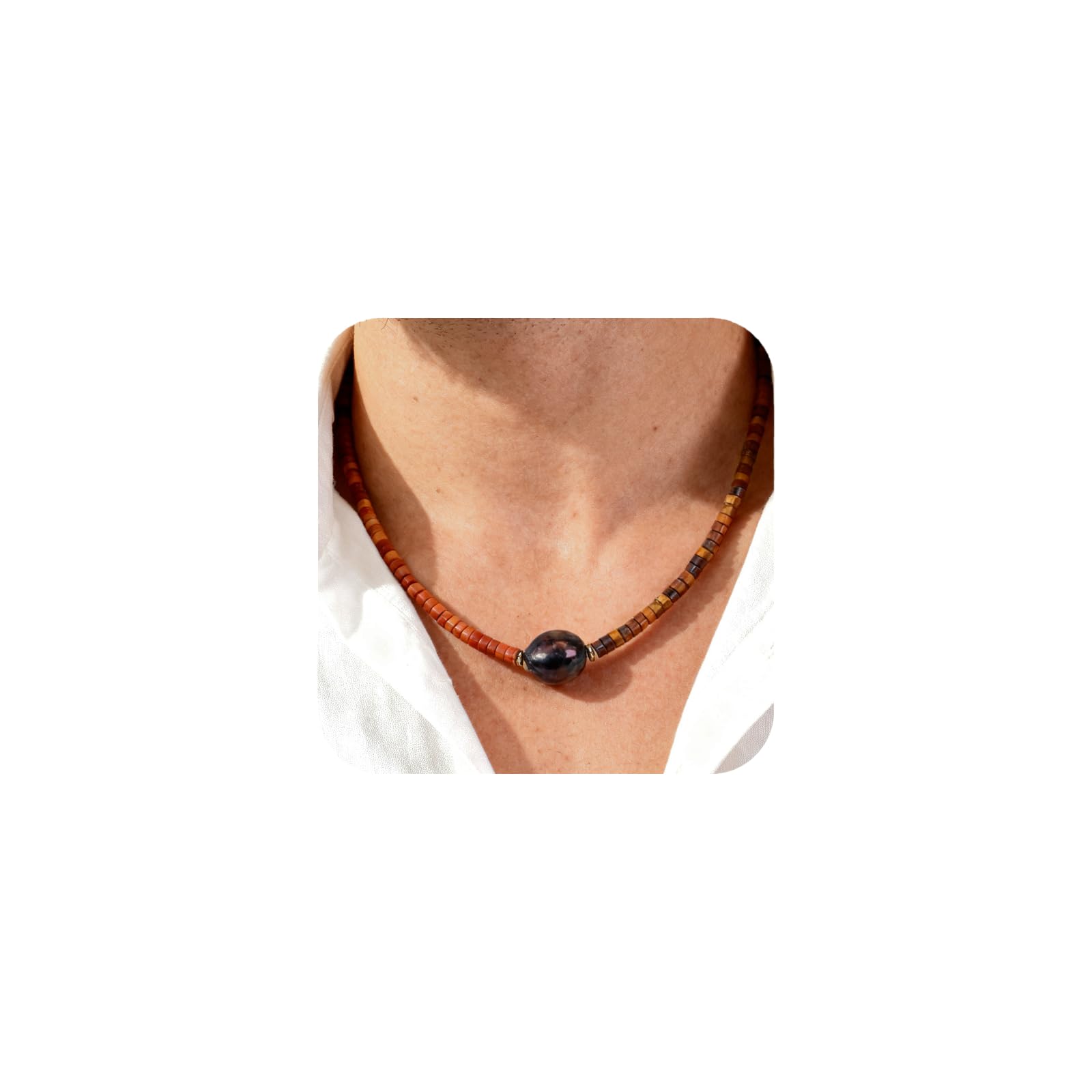 TIYO Mens Necklace Black Pearl Pendant Men’s Beaded Necklace for Men Jewelry Beach Surfer Necklaces for Fathers, Boyfriend, Husbands Gifts