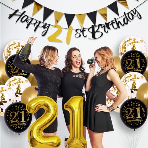Image of Jobkoo 21st Birthday Decorations Him Her, Black Gold 21 Birthday Party Decor Golden Black 21st Balloons 21 Cake Topper Gold Happy 21st Banner for 21 Year Old Party Supplies