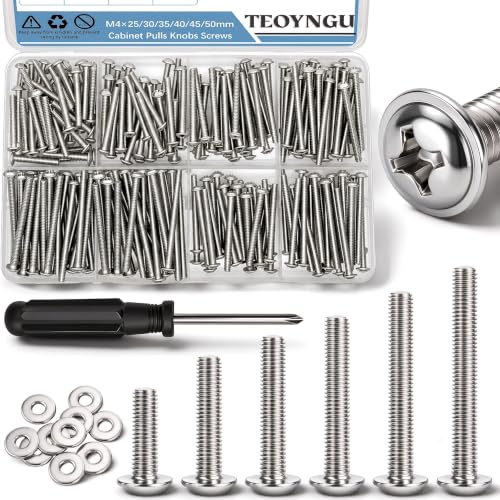 TEOYNGU 200PCS M4 Cabinet Pulls Knobs Screws,M4 Machine Screws,M4×25/30/35/40/45/50mm Phillips Pan Head Drawer Screws with 80PCS Washers for Kitchen,Bathroom,Furniture Handles Install