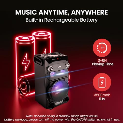Pyle Portable Wireless Bluetooth Karaoke PA Loud Speaker - 8'' Subwoofer Sound System with DJ Lights, Rechargeable Battery, FM Radio, USB/Micro SD Reader, Microphone, Remote, Black