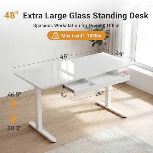 Image of YDN Glass Standing Desk with Drawer, 48 x 24 Inches Electric Adjustable Height Desk, Sit Stand Home Office Desk with Tempered Glass Top, 4 Memory Presets Ergonomic Computer Desk, Super White