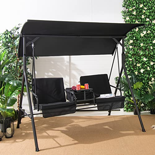 Image of Tangkula 2 Person Porch Swing, Outdoor Swing with Pivot Storage Table, Cooler Bag, 2 Cup Holders, Removable Cushions, Patio Swing with Canopy for Backyard Balcony Poolside (Black)
