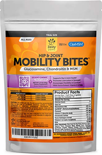 Zesty Paws Mobility Bites Dog Joint Supplement - Hip and Joint Chews for Dogs - Pet Products with Glucosamine, Chondroitin, & MSM + Vitamins C and E for Dog Joint Relief - Duck – 10 Count