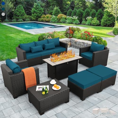 Outdoor Patio Furniture 60000 BTU Outdoor Propane Fire Pit Table Patio Furniture Set 45 In Outdoor Fire Pits 6 Pieces Patio Sofa Outdoor Chairs Anti-slip Cushions Waterproof Covers, Peacock Blue