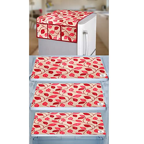 Image of Polyester 3-Layered Fridge Top Cover /Refrigerator Cover With Utility Pockets and Set of 3 Pc Fridge Mats (Color-Leaf Red, Size -39x21 Inches)