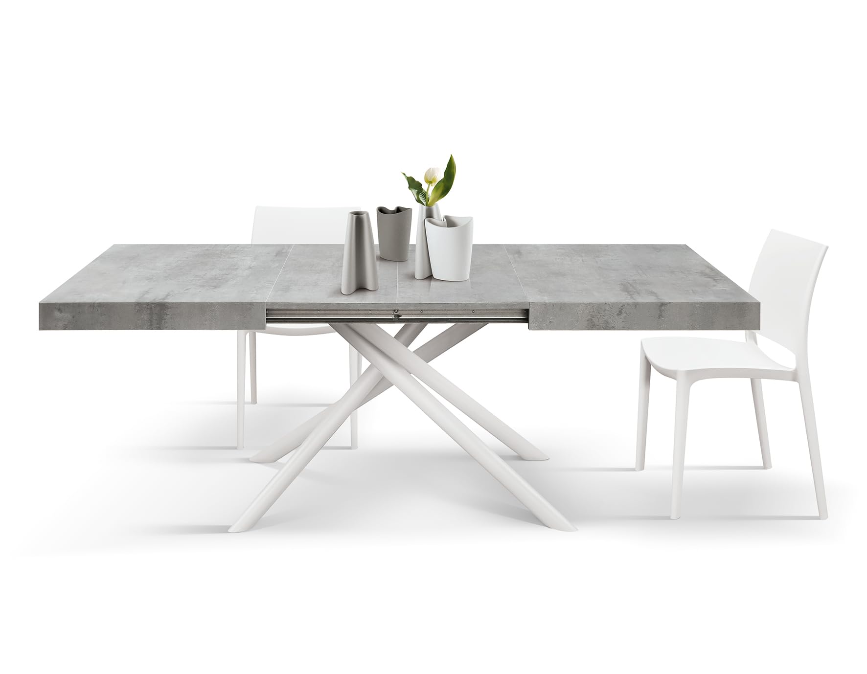 PAZZO DESIGN Table extensible Elise, pieds tubulaires croisés Menego blancs, fabriquée en Italie, couleur gris ciment, 160 x 90 x 74 - Id_2260