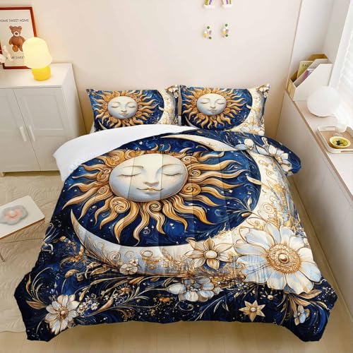 Image of AILONEN Sun and Moon Bedding Set Queen Size,Blue White Flower Exotic Boho Moon Comforter Set,Galaxy Soft 3Pcs Quilt with 2 Pillowcases
