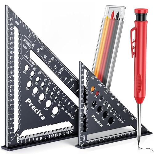 Preciva Zimmermannswinkel Set, Multifunktional Anschlagwinkel Metall Aluminium Lineal Winkelführung 18cm+30cm Schreinerwinkel Tischlerwinkel Winkelmesser [+ Tieflochmarker] Anreißen & Zeichnen