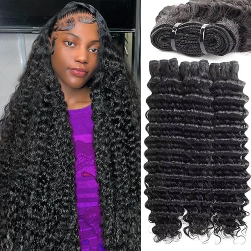 12A Deep Wave Human Hair Bundles 28 30 32 Inch Indian Raw Bundles Human Hair,100% Unprocessed Virgin Deals Real Human Hair Extensions,Natural Black Sew In Quick Weave Deep Wave Bundles for Women